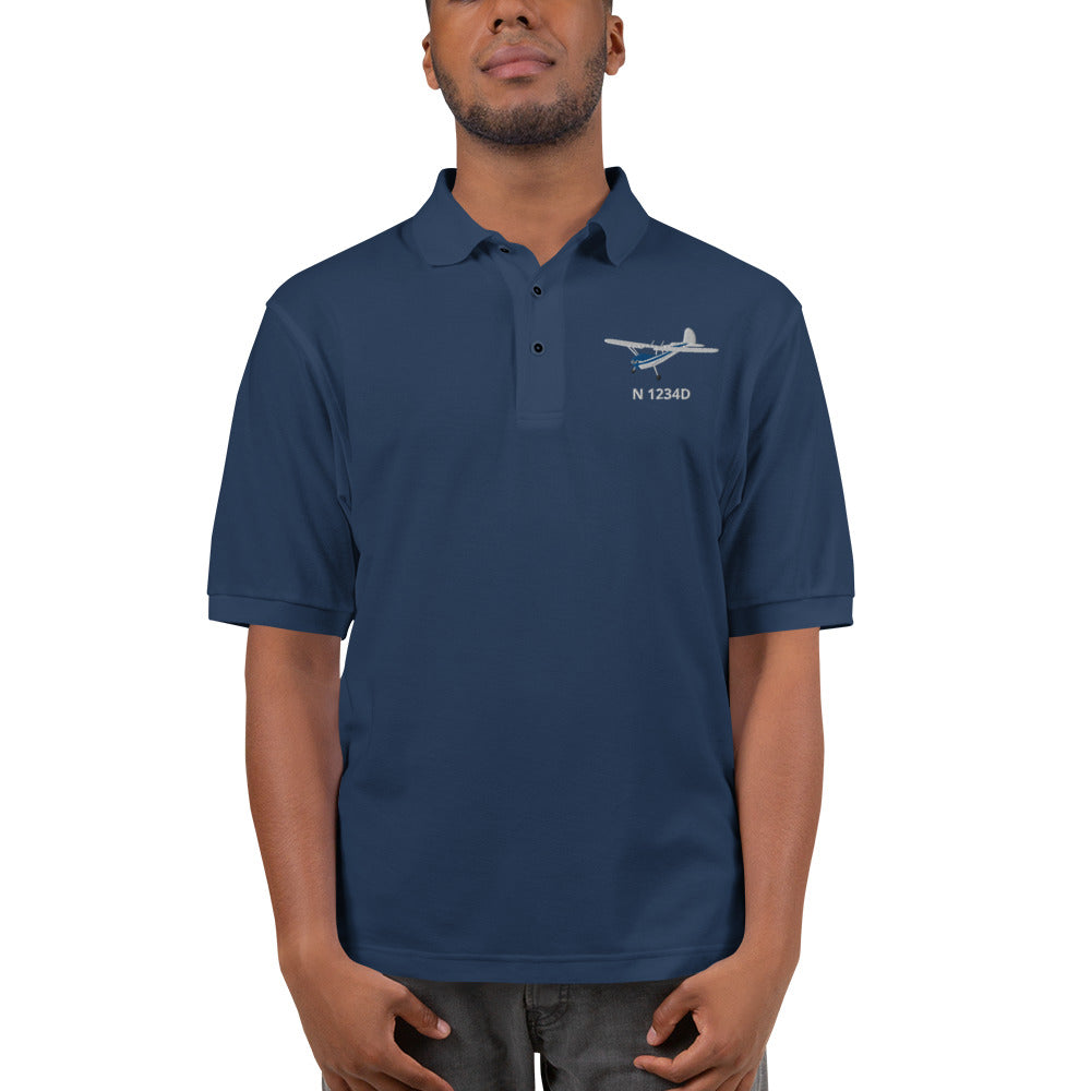 CESSNA 140 White-Blue CUSTOM N Number Embroidered Men's Premium Aviation Polo