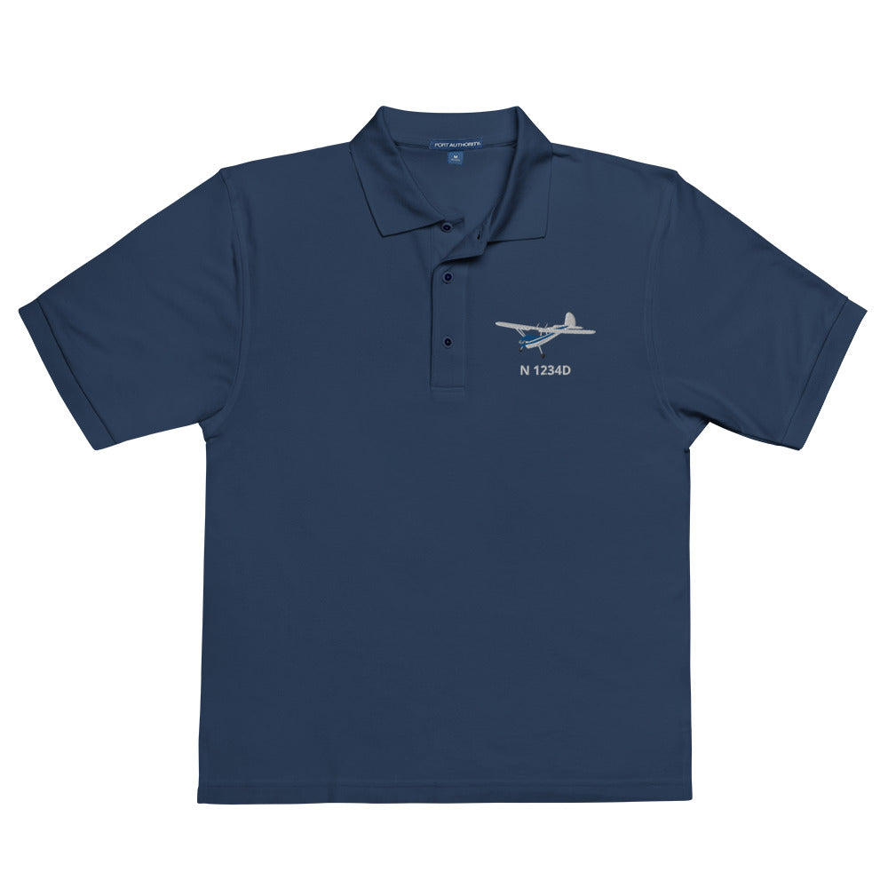 CESSNA 140 White-Blue CUSTOM N Number Embroidered Men's Premium Aviation Polo