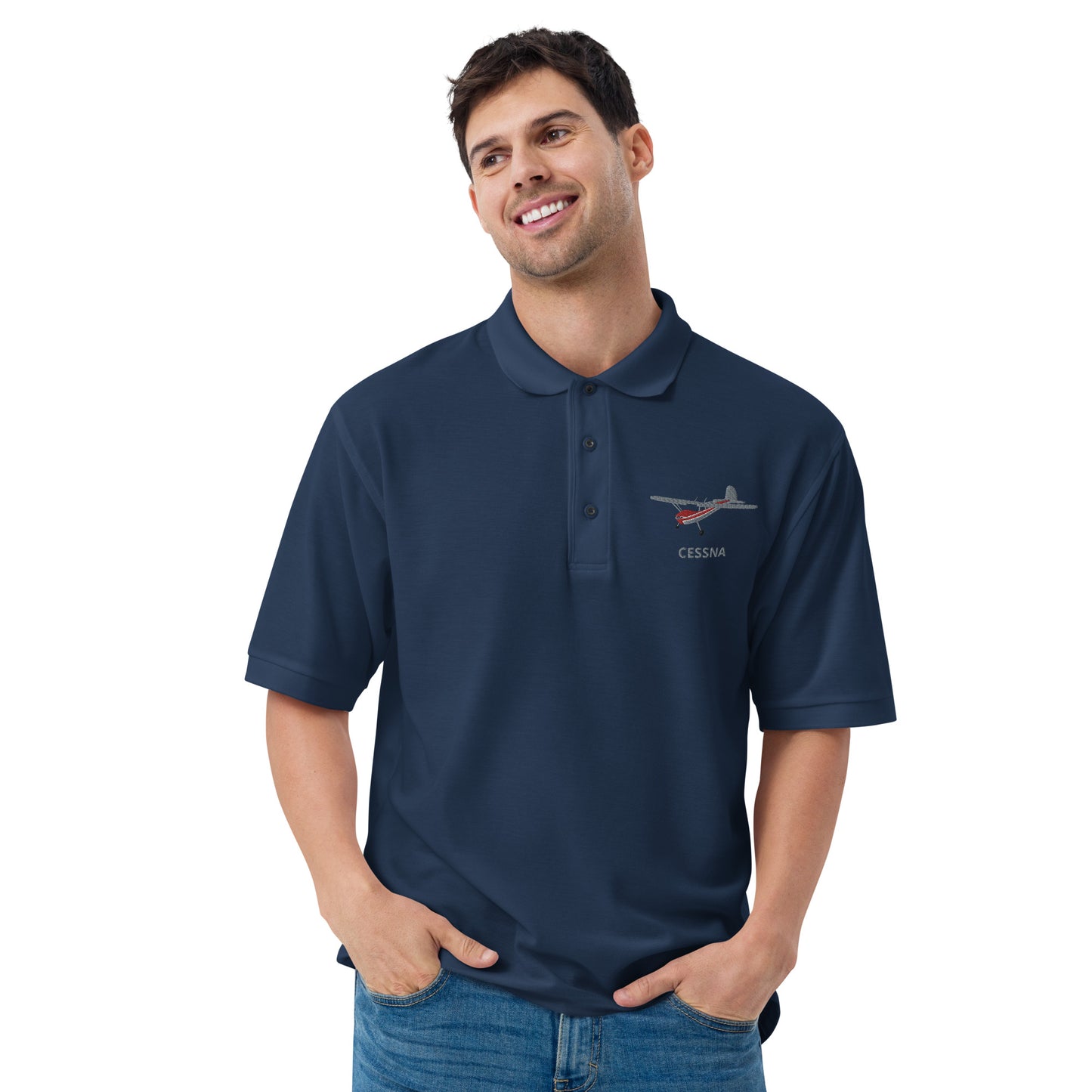 CESSNA 140 Polished grey-red aircraft embroidered Men's Premium Polo