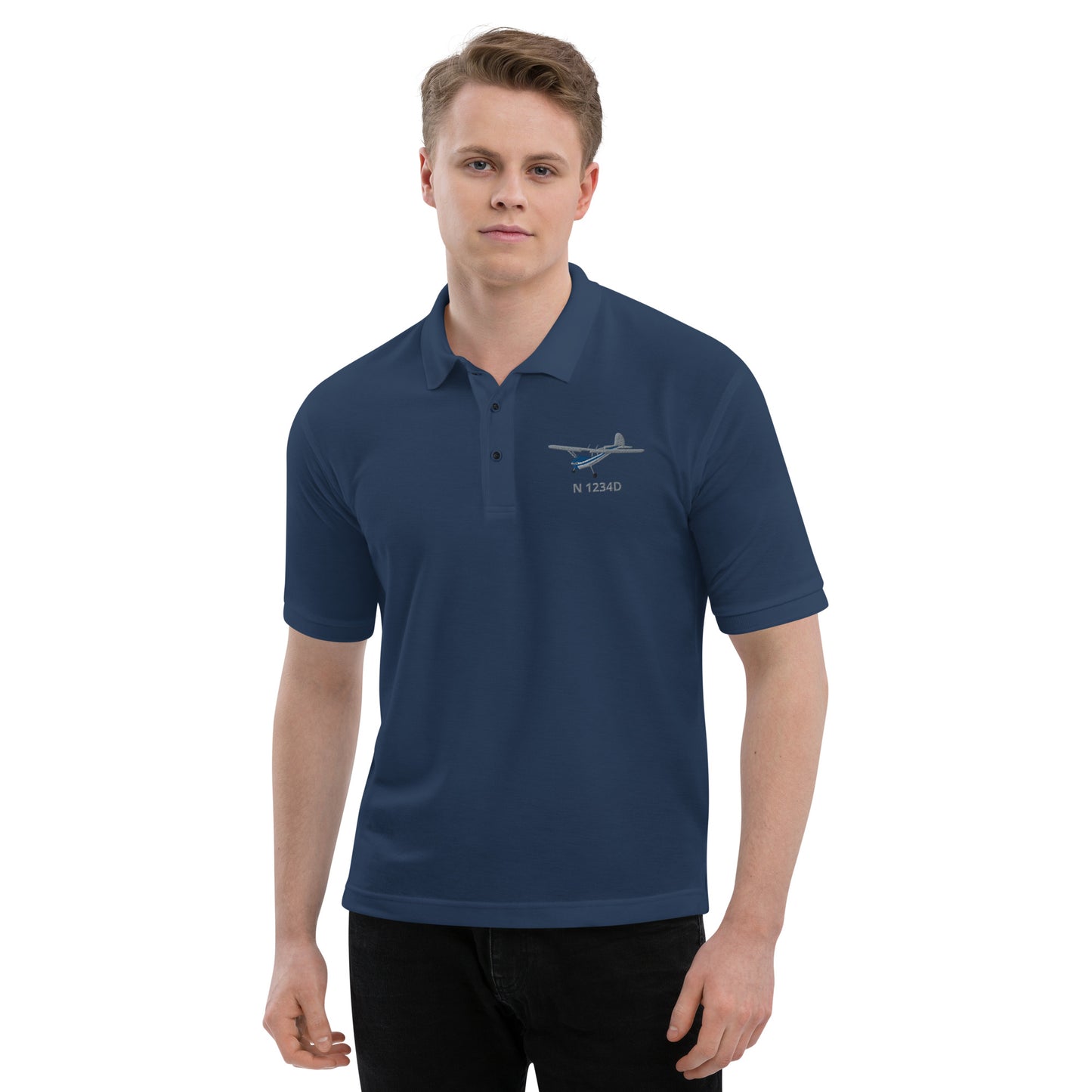 CESSNA 140 polished grey - blue  CUSTOM N Number Men's Premium Aviation Polo