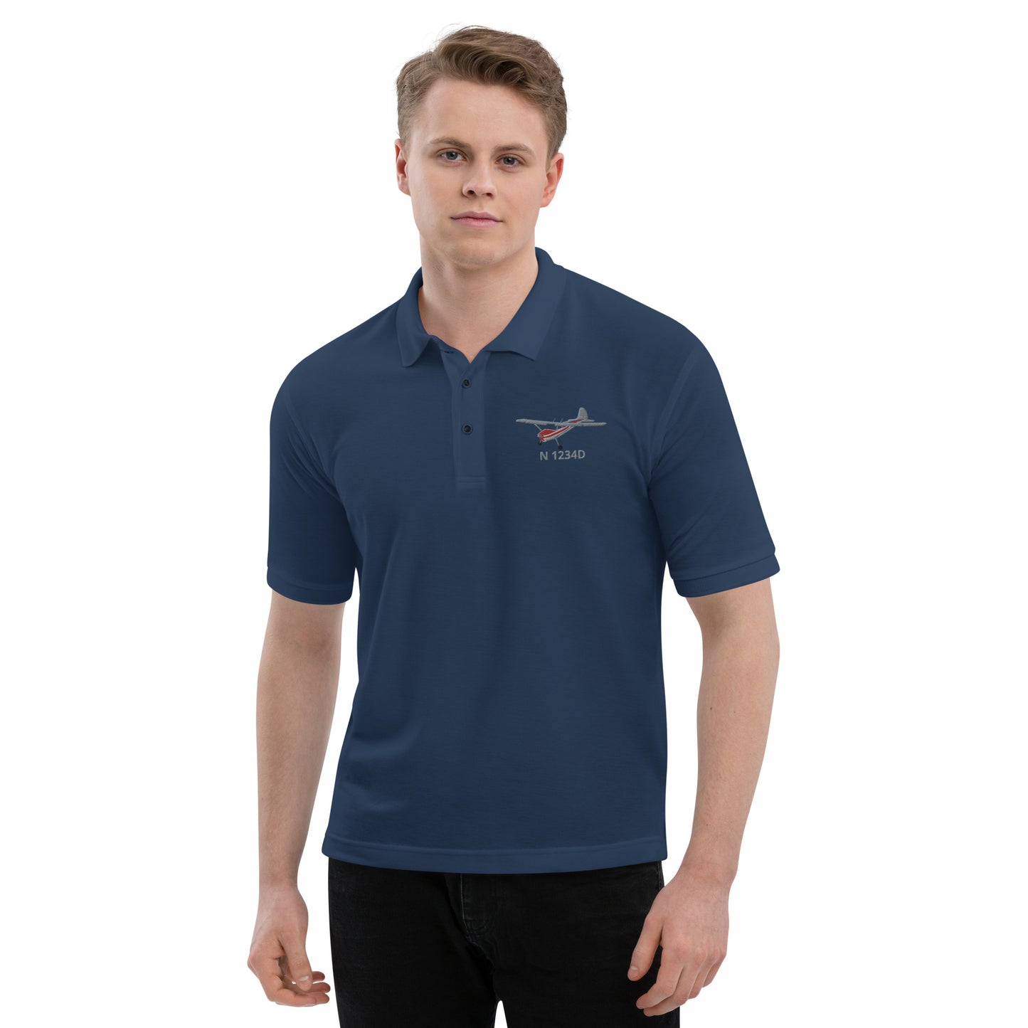 CESSNA 170 Polished grey- red CUSTOM N Number Embroidered Men's Premium Aviation  Polo - Minimum order 3