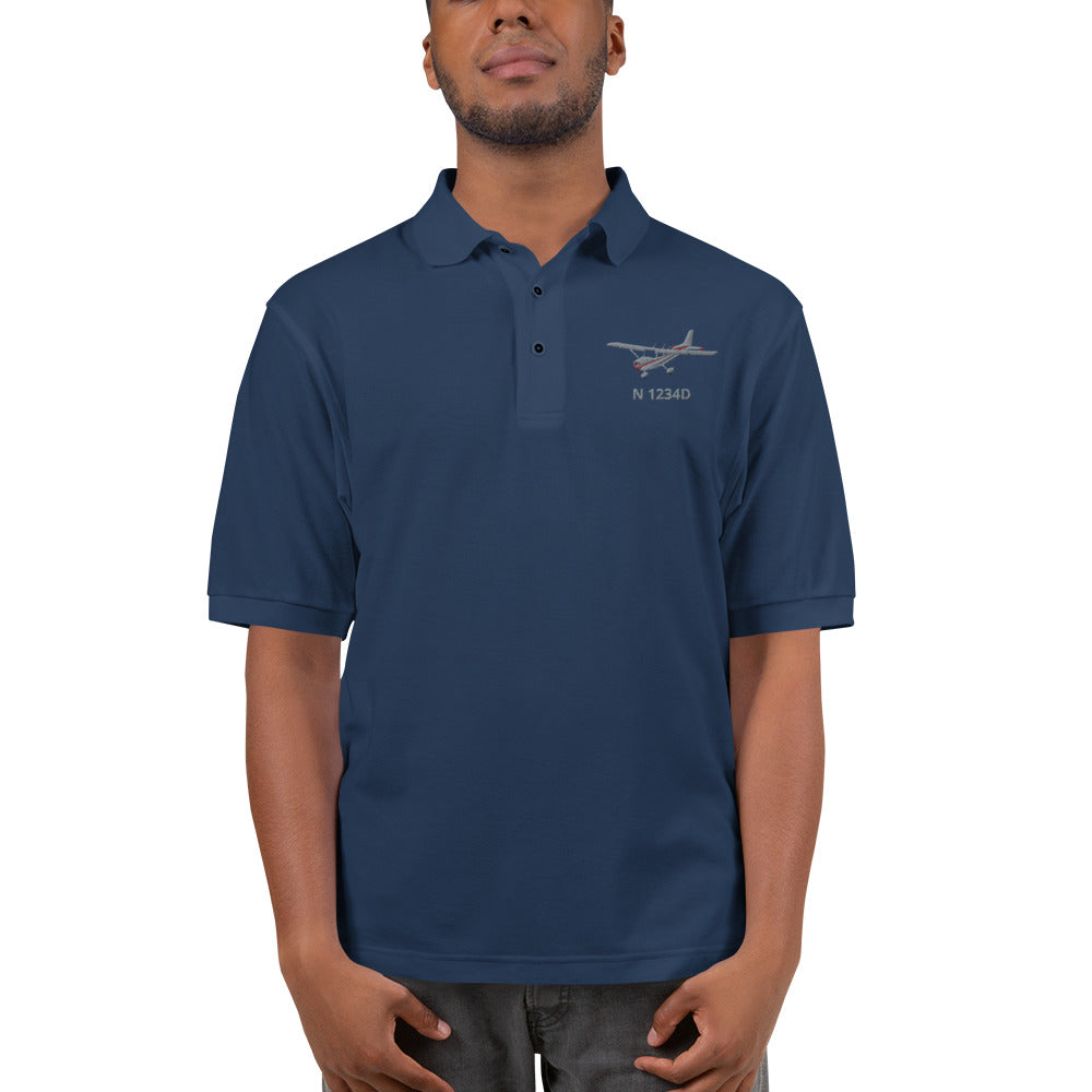 CESSNA 172 Skyhawk Polished Grey - Red CUSTOM N Number Embroidered Men's Premium Aviation  Polo