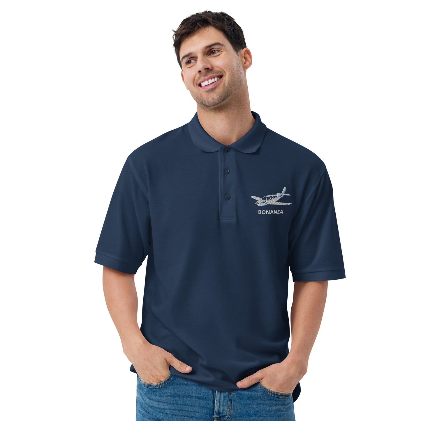 BONANZA A36  blue stripe trim Embroidered Classic Mens Aviation Polo