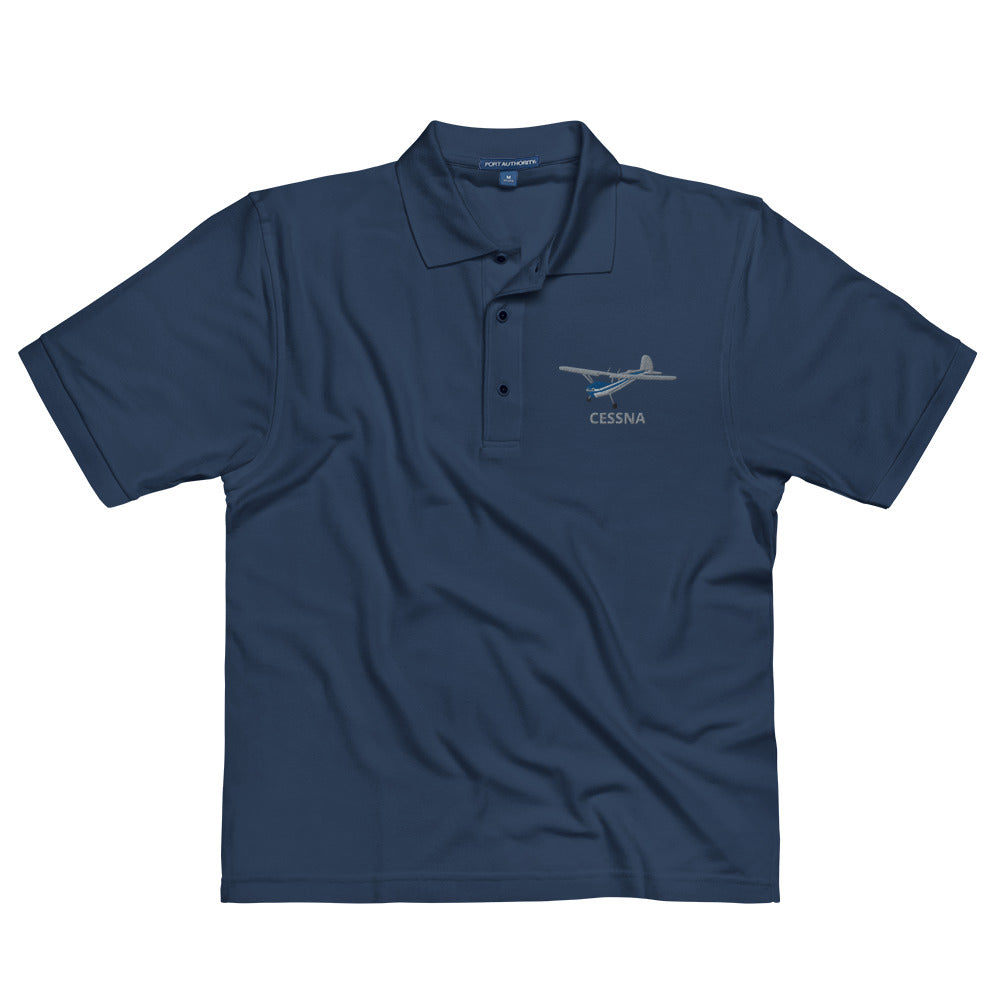 CESSNA 140 polished grey - blue aircraft embroidered Men's Premium Polo