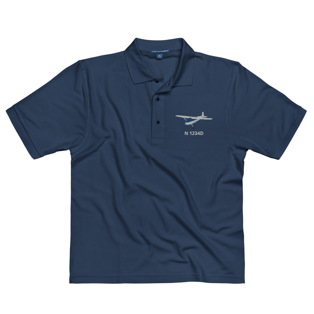 CESSNA 180 Skywagon White-Blue CUSTOM N Number Embroidered Mens Aviation polo