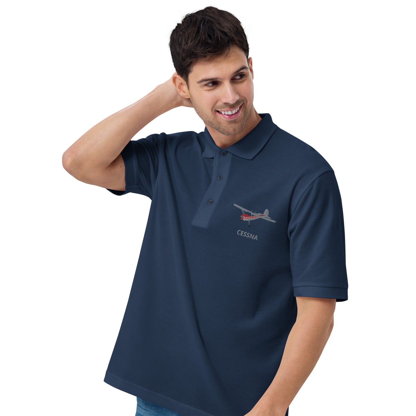 CESSNA 140 Polished grey-red aircraft embroidered Men's Premium Polo