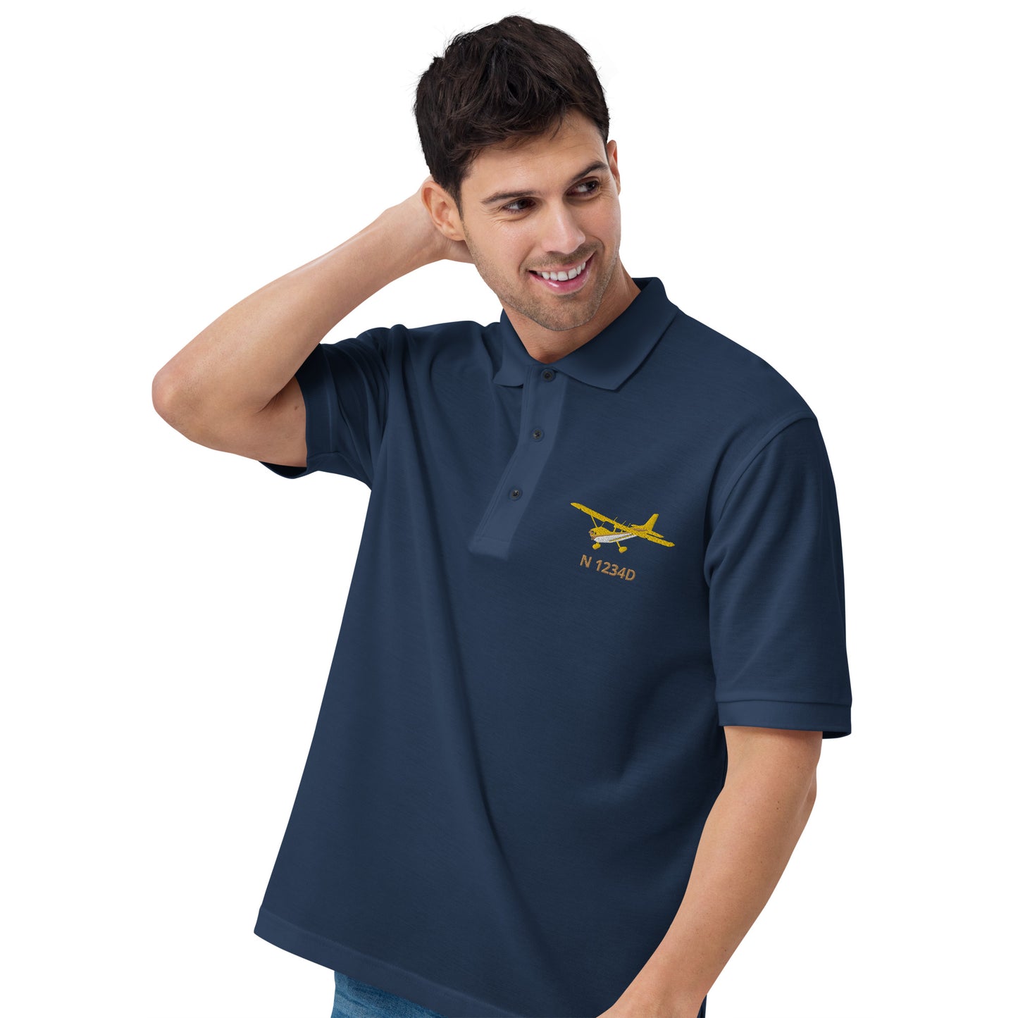 CESSNA 172 Skyhawk yellow wings CUSTOM  N Number Embroidered Men's Premium Aviation Polo