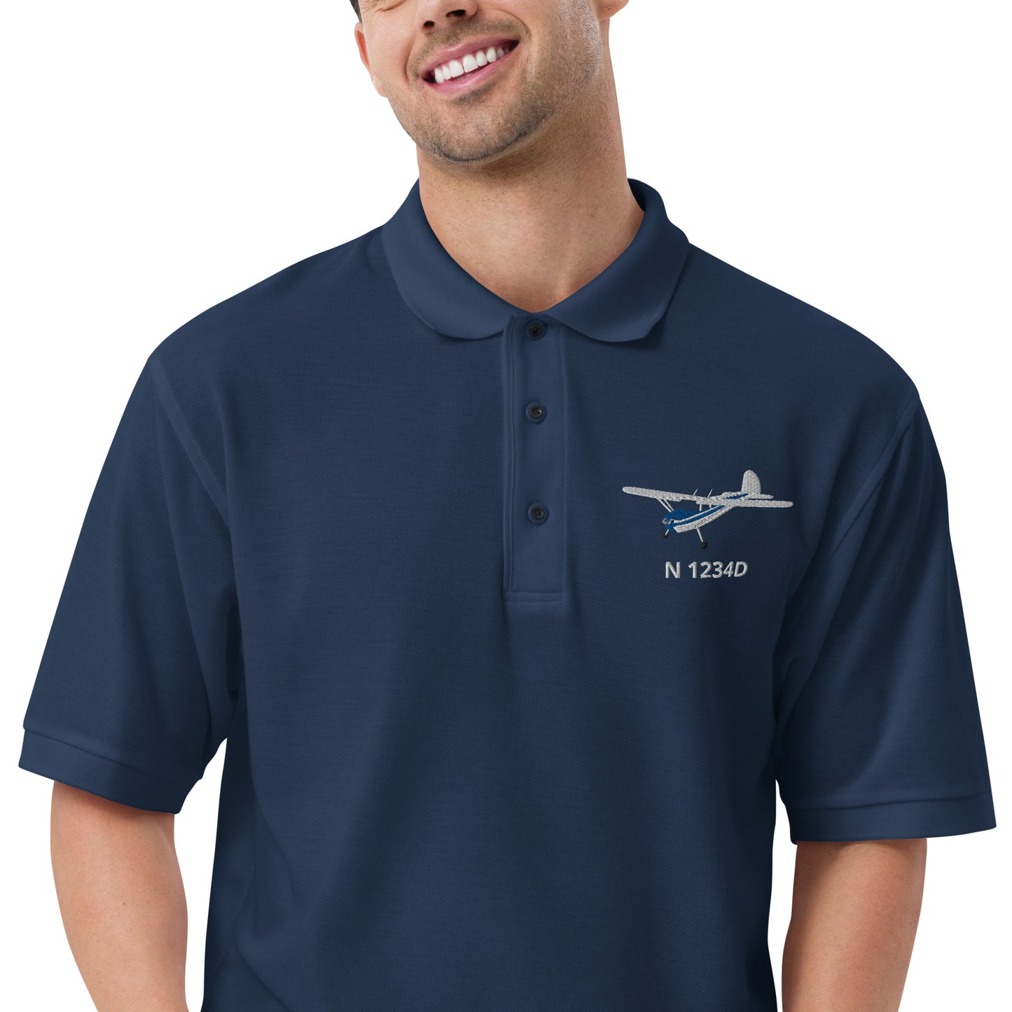 CESSNA 140 White-Blue CUSTOM N Number Embroidered Men's Premium Aviation Polo