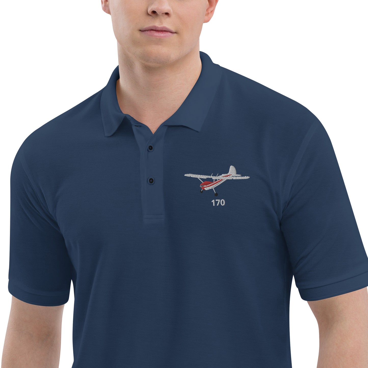 CESSNA 170 White-Red CUSTOM N Number Embroidered Men's Premium Aviation Polo