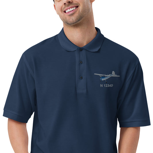 CESSNA 140 polished grey - blue  CUSTOM N Number Men's Premium Aviation Polo