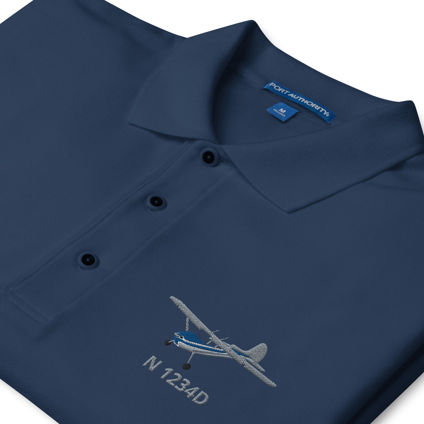 CESSNA 170 Polished grey - blue CUSTOM N Number Embroidered Men's Premium Aviation Polo