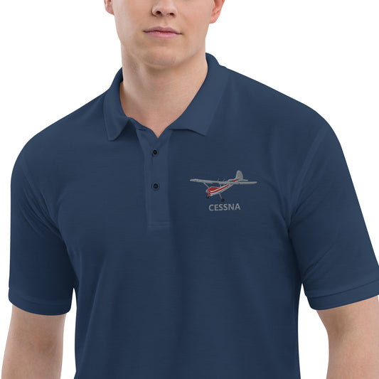 CESSNA 170 Polished grey - red Embroidered Men's Premium Aviation Polo