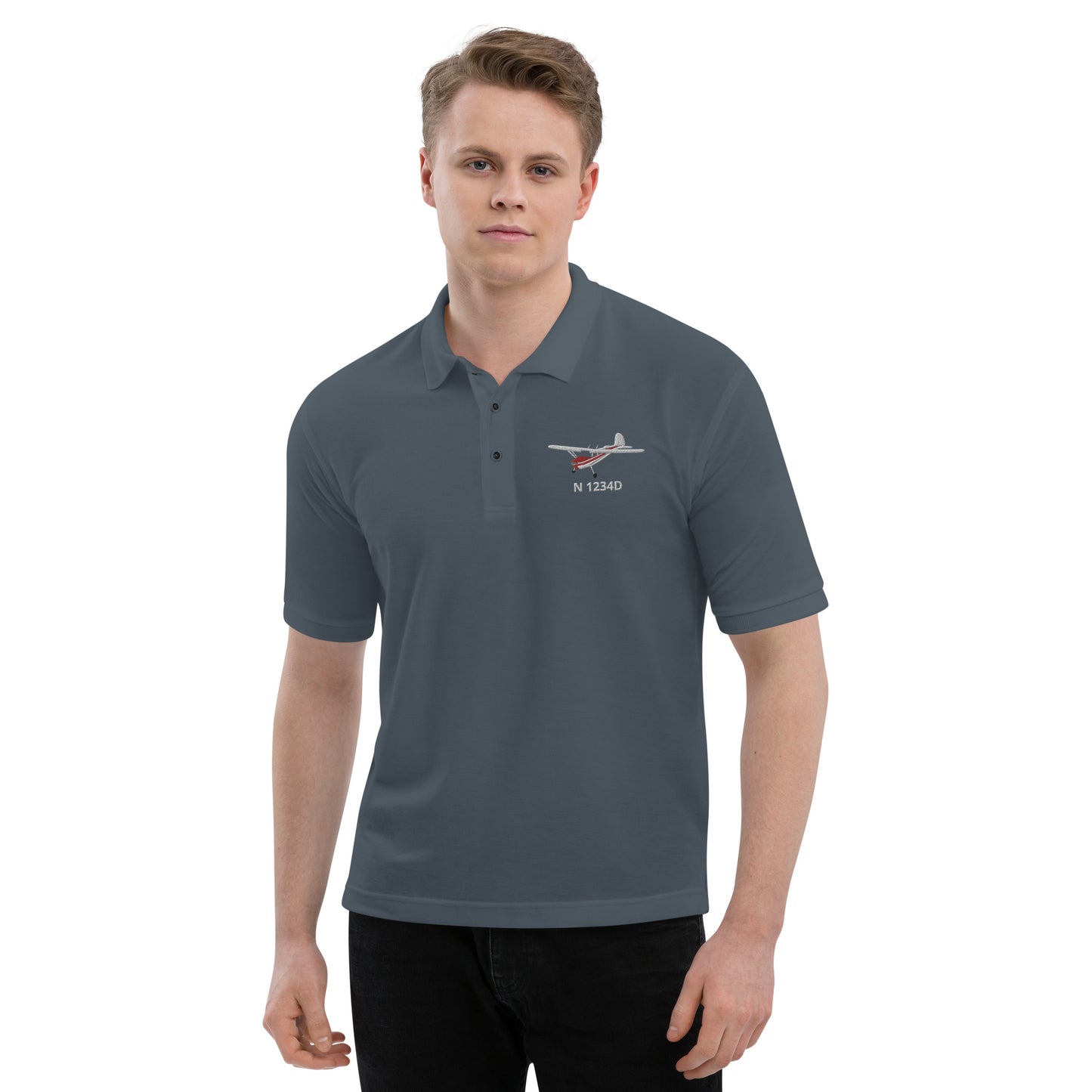 CESSNA 140 White-Red CUSTOM N Number Embroidered Men's Premium Aviation Polo