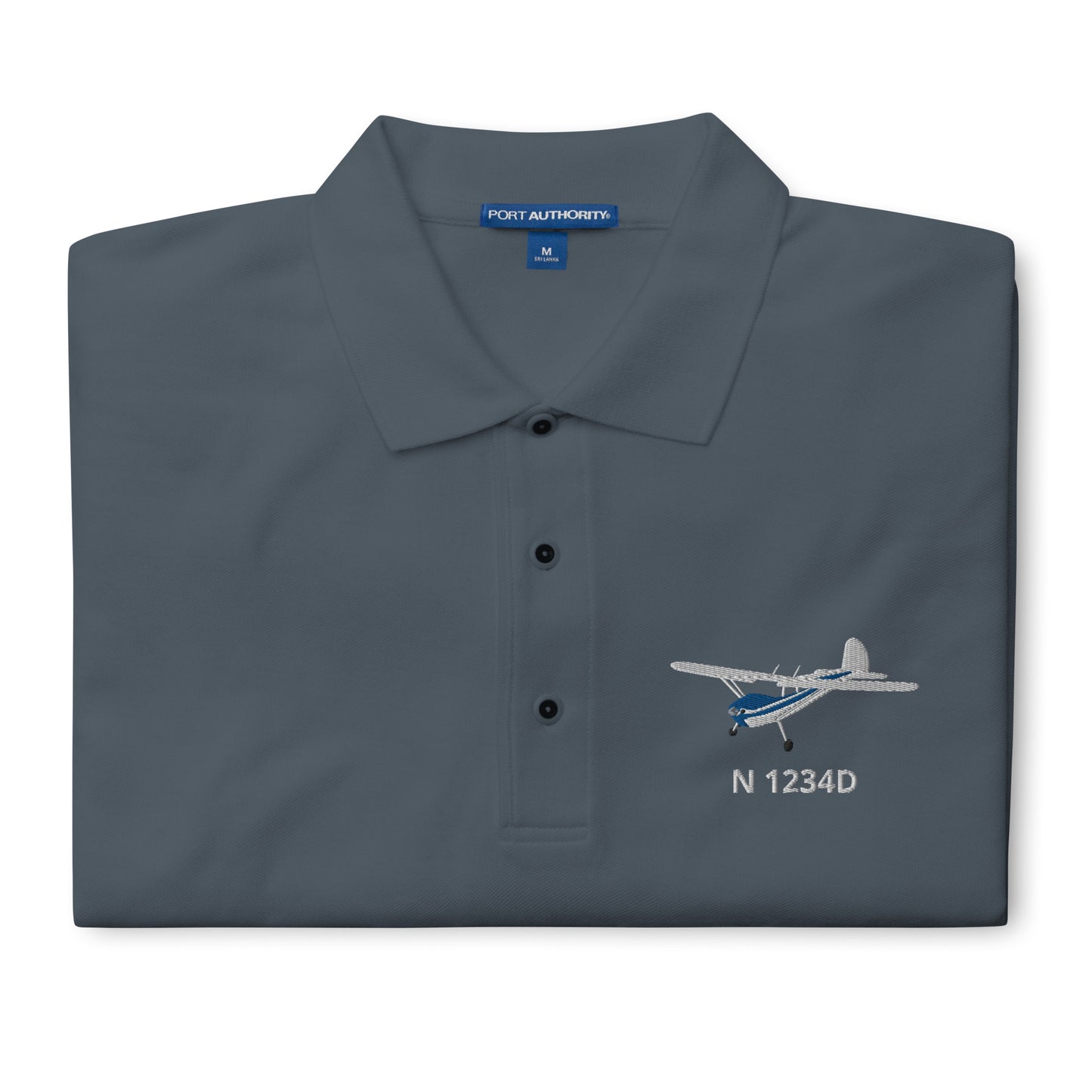 CESSNA 140 White-Blue CUSTOM N Number Embroidered Men's Premium Aviation Polo