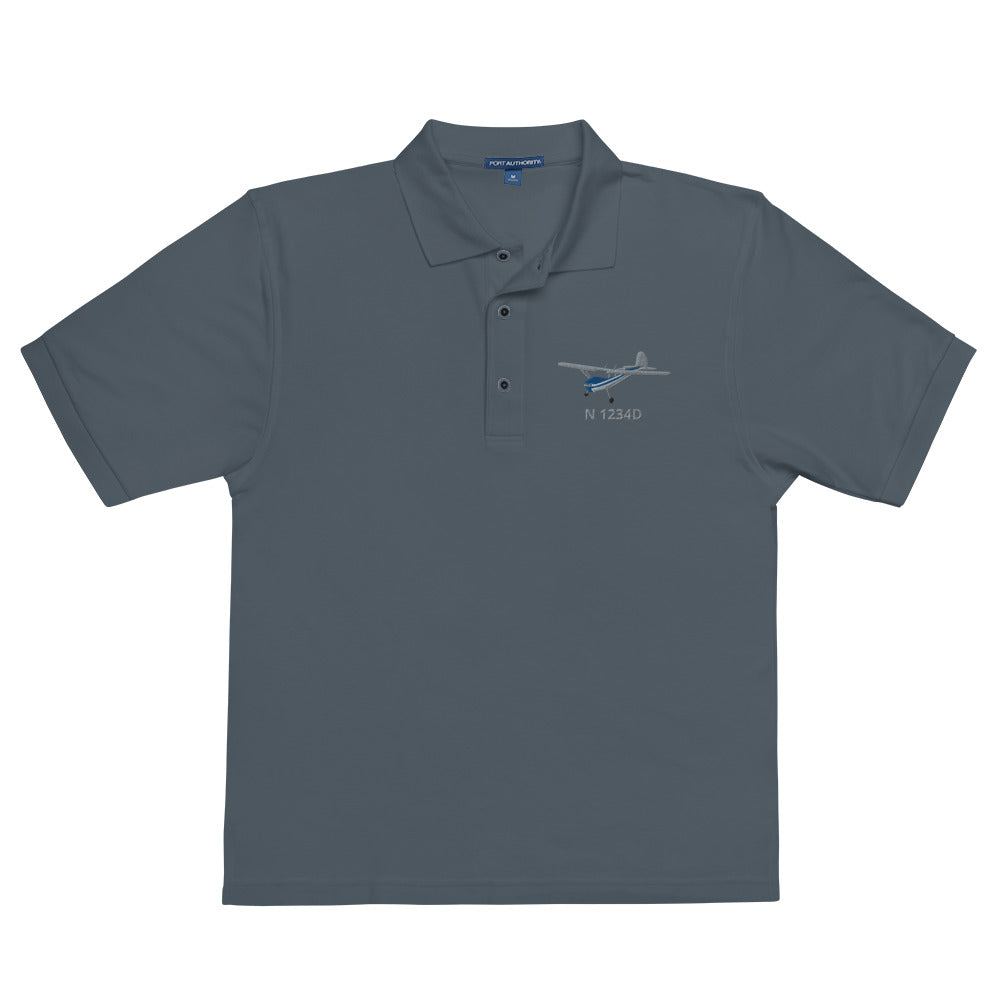 CESSNA 140 polished grey - blue  CUSTOM N Number Men's Premium Aviation Polo