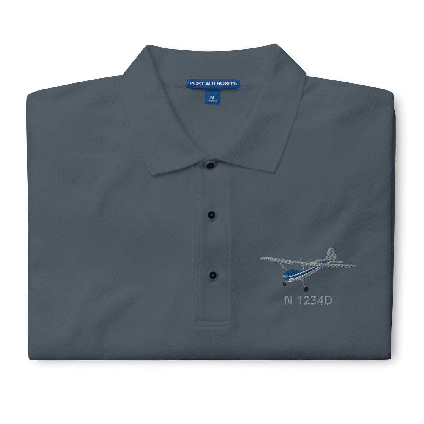 CESSNA 170 Polished grey - blue CUSTOM N Number Embroidered Men's Premium Aviation Polo