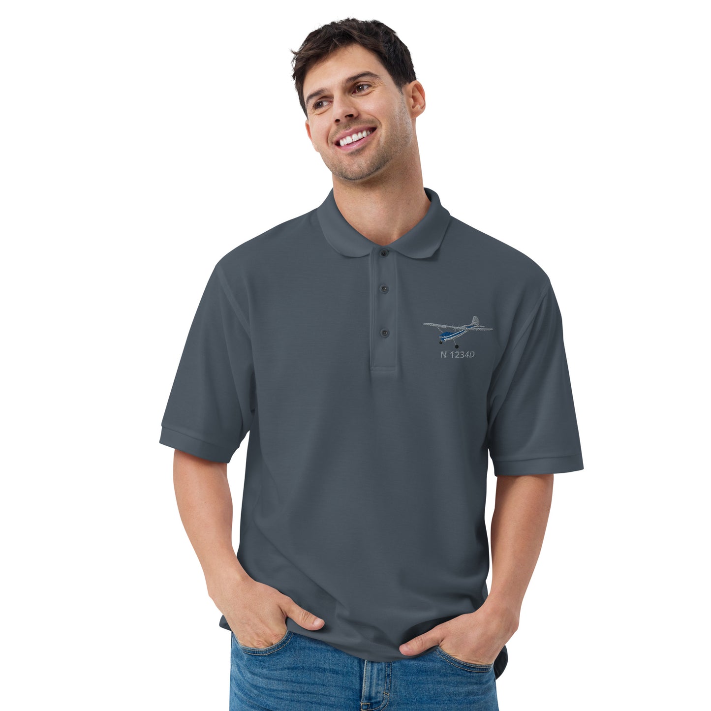 CESSNA 170 Polished grey - blue CUSTOM N Number Embroidered Men's Premium Aviation Polo