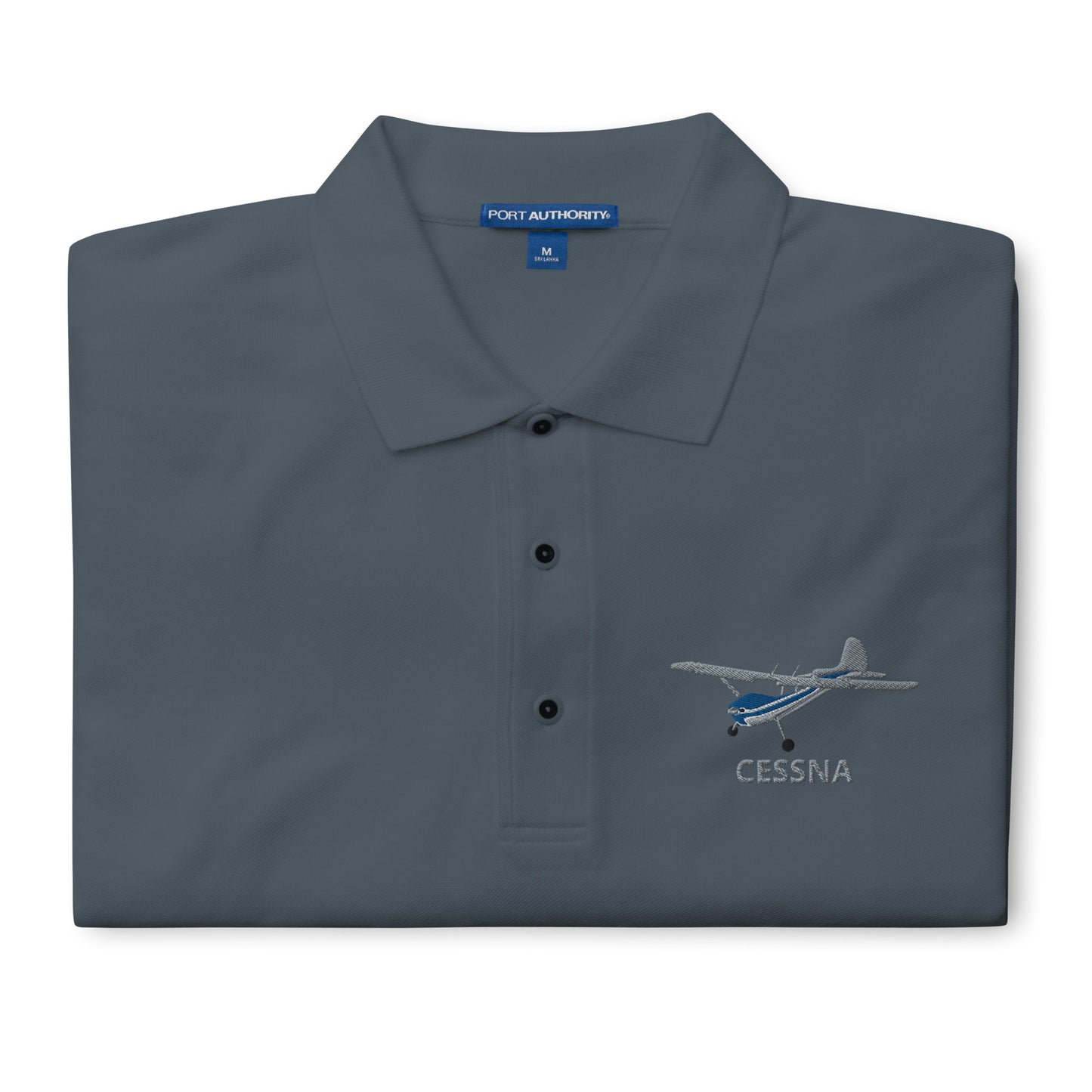 CESSNA 170 Polished grey - blue embroidered Men's Premium Aviation Polo.