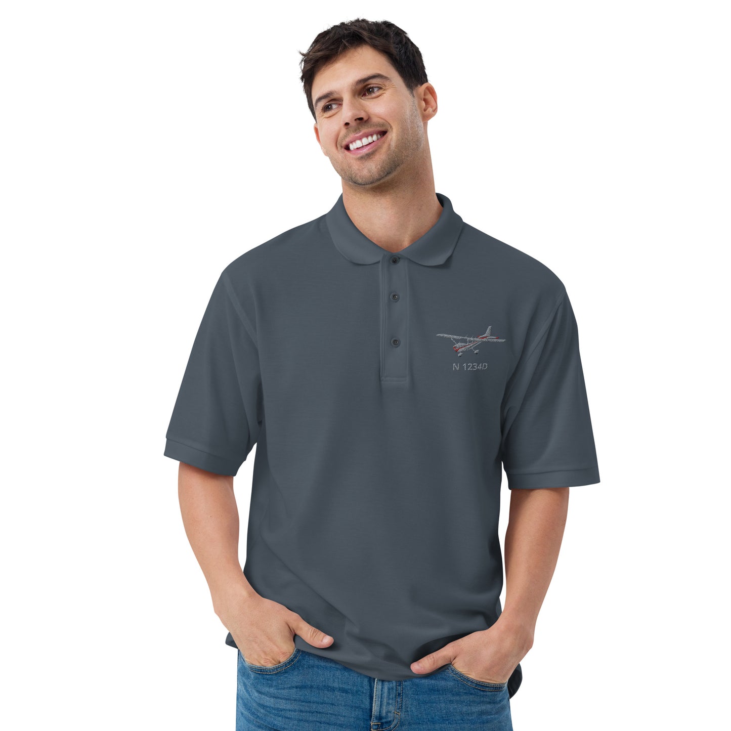 CESSNA 172 Skyhawk Polished Grey - Red CUSTOM N Number Embroidered Men's Premium Aviation  Polo