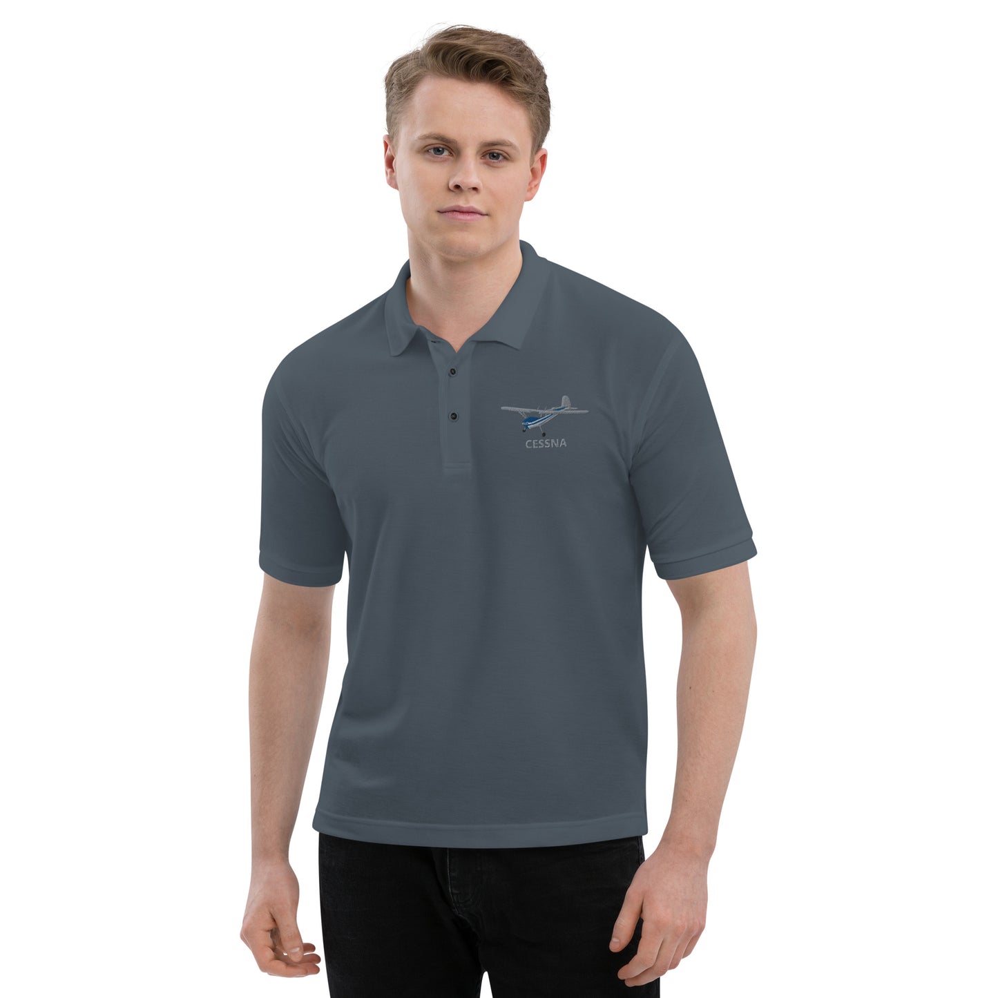 CESSNA 140 polished grey - blue aircraft embroidered Men's Premium Polo