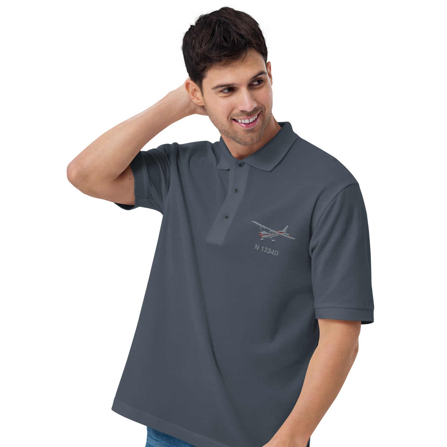 CESSNA 172 Skyhawk Polished Grey - Red CUSTOM N Number Embroidered Men's Premium Aviation  Polo