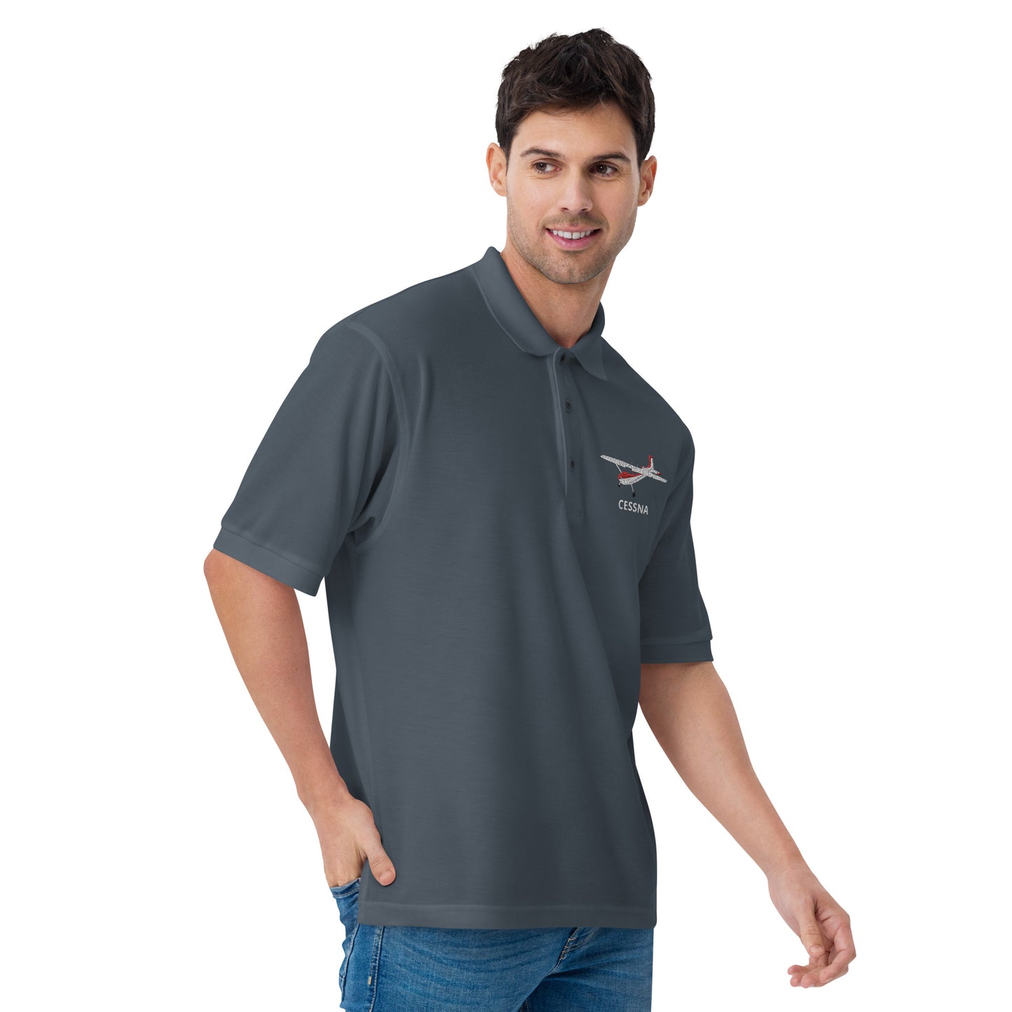 CESSNA 180 Skywagon White-Red Embroidered Classic Aviation Polo