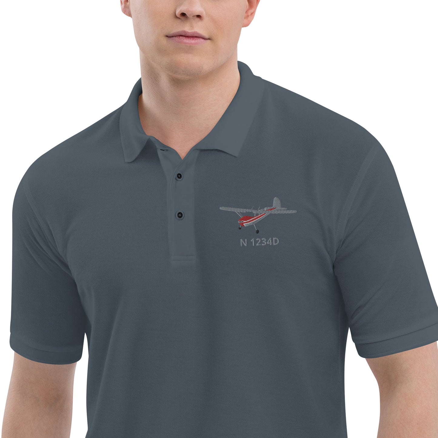 CESSNA 140 polished grey - red CUSTOM N Number Men's Premium Aviation Polo