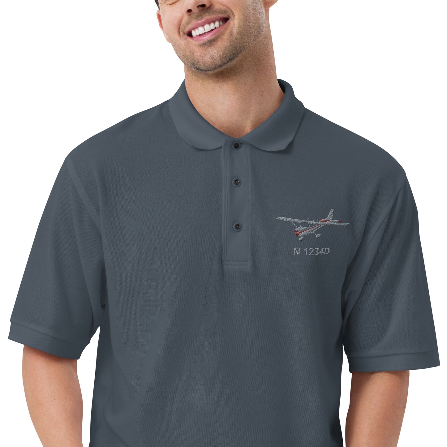 CESSNA 172 Skyhawk Polished Grey - Red CUSTOM N Number Embroidered Men's Premium Aviation  Polo