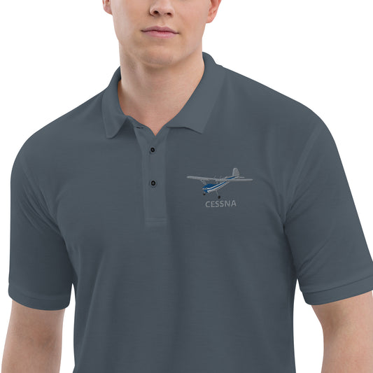 CESSNA 140 polished grey - blue aircraft embroidered Men's Premium Polo
