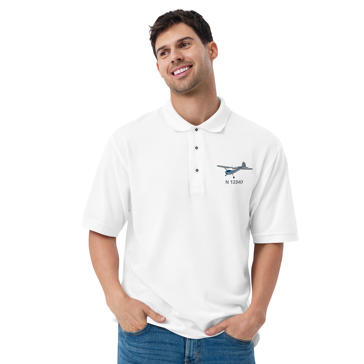 CESSNA 140 polished grey - blue  CUSTOM N Number Men's Premium Aviation Polo