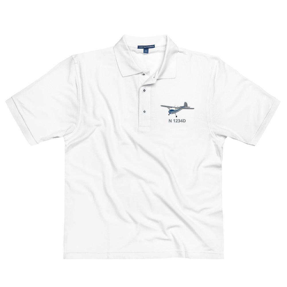 CESSNA 140 polished grey - blue  CUSTOM N Number Men's Premium Aviation Polo