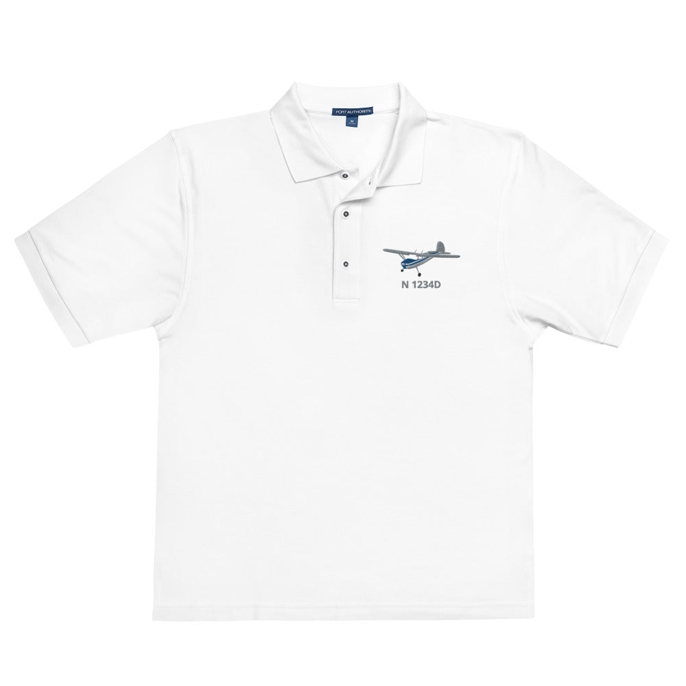 CESSNA 140 polished grey - blue  CUSTOM N Number Men's Premium Aviation Polo