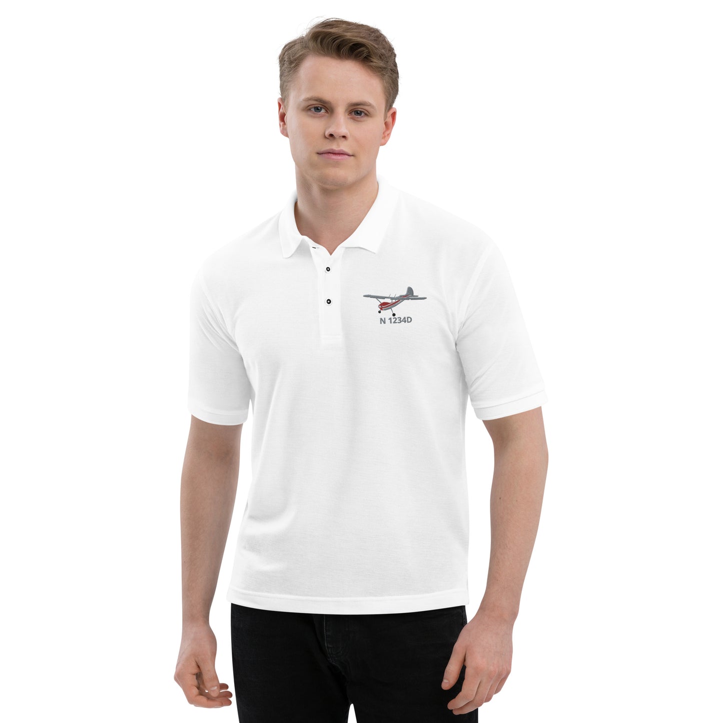 CESSNA 170 Polished grey- red CUSTOM N Number Embroidered Men's Premium Aviation  Polo - Minimum order 3