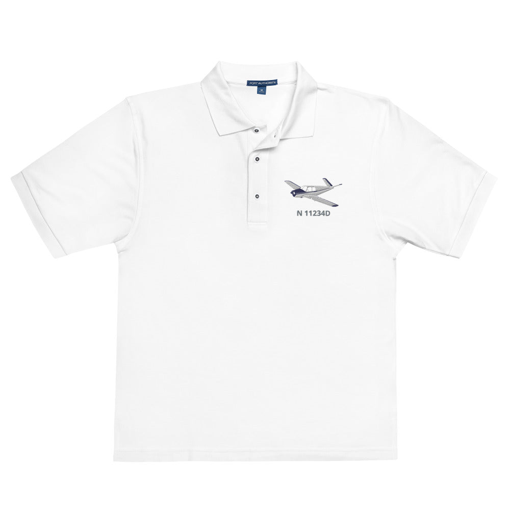 Vintage V-Tail Bonanza White-Blue CUSTOM N Number Embroidered Men's Aviation Polo