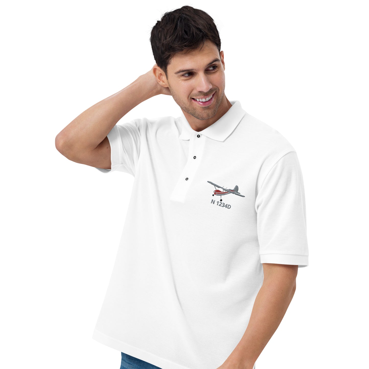 CESSNA 170 Polished grey- red CUSTOM N Number Embroidered Men's Premium Aviation  Polo - Minimum order 3