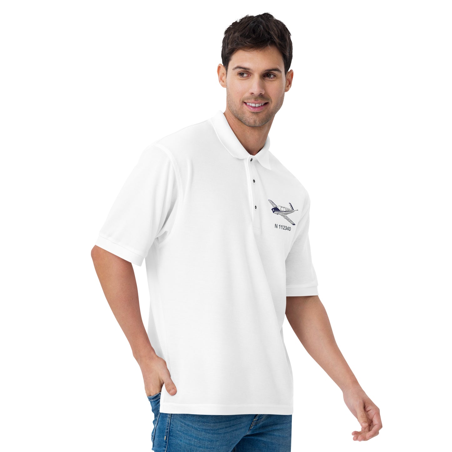 Vintage V-Tail Bonanza White-Blue CUSTOM N Number Embroidered Men's Aviation Polo