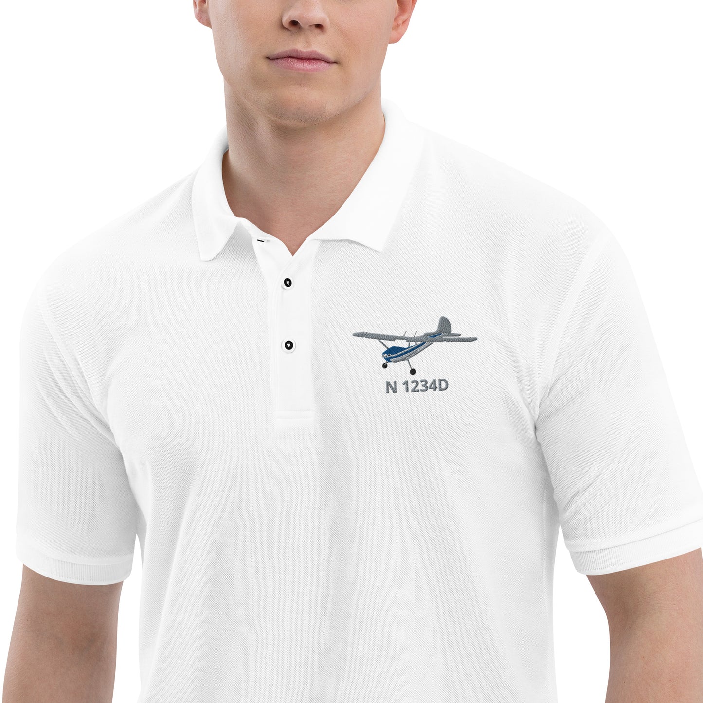 CESSNA 170 Polished grey - blue CUSTOM N Number Embroidered Men's Premium Aviation Polo