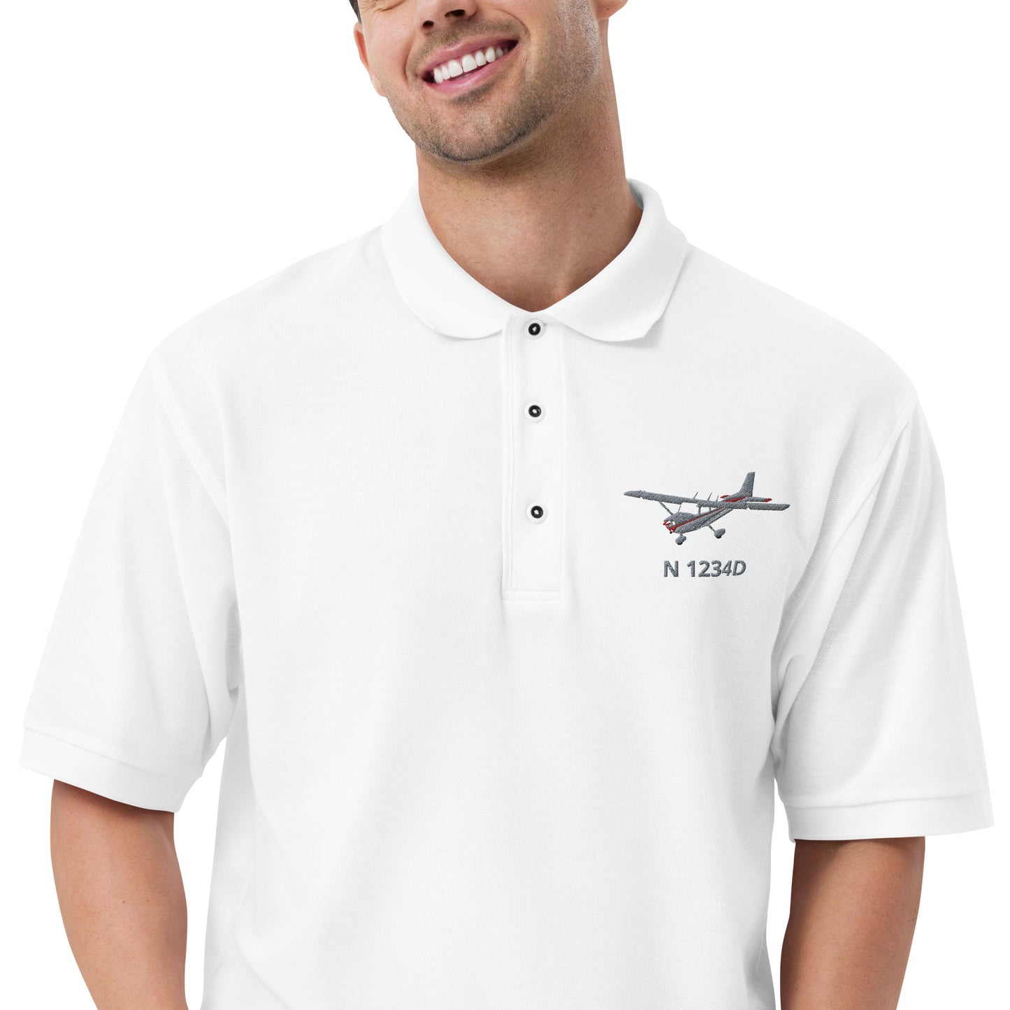 CESSNA 172 Skyhawk Polished Grey - Red CUSTOM N Number Embroidered Men's Premium Aviation  Polo