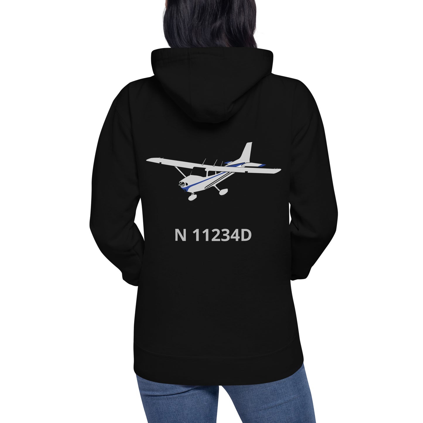 CESSNA 172 polished grey - blue Back Print with front embroidery CUSTOM N Number Unisex Hoodie.