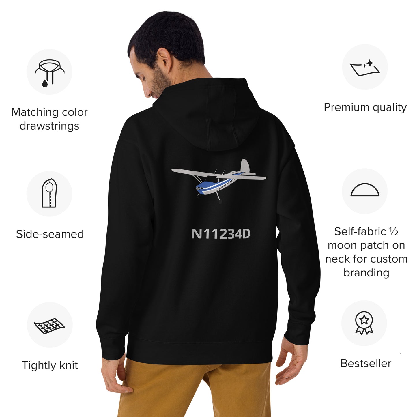 CESSNA 140 Polished grey - blue Back Print with front embroidery CUSTOM N Number Unisex Hoodie