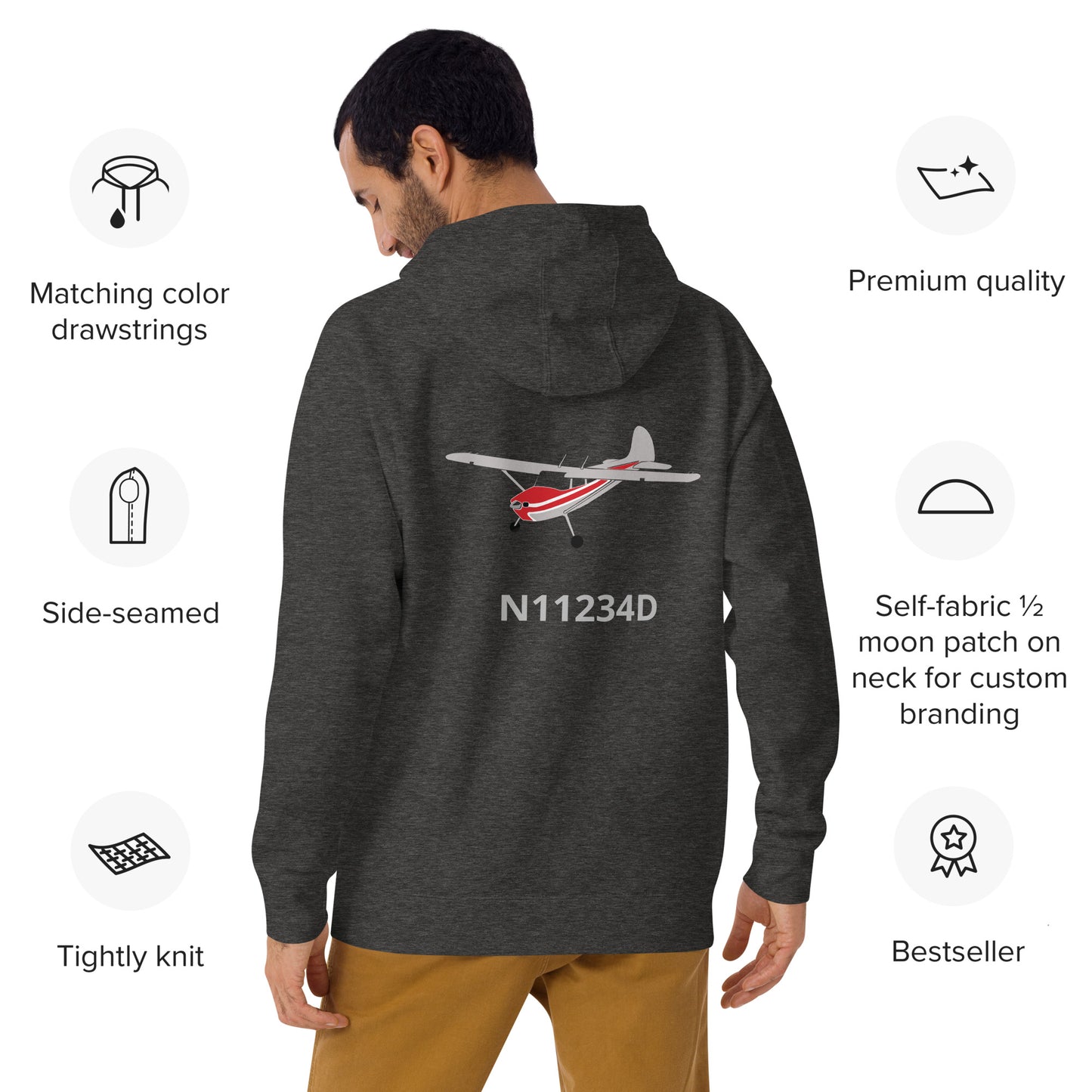 CESSNA 170 polished grey - red Back Print with front embroidery CUSTOM N Number Unisex  Hoodie.