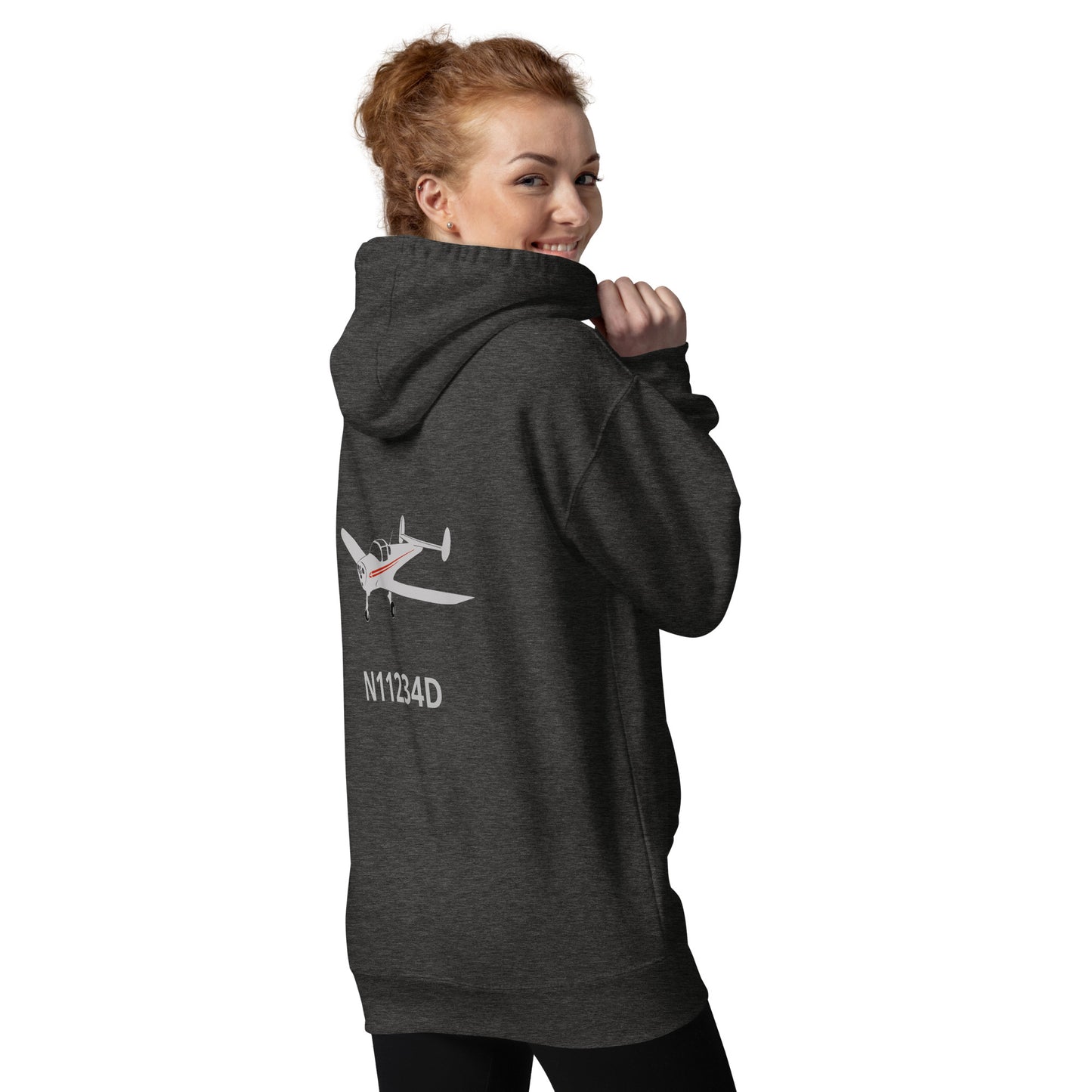 ERCOUPE polished grey - red Back Print with front embroidery CUSTOM N Number Unisex Hoodie