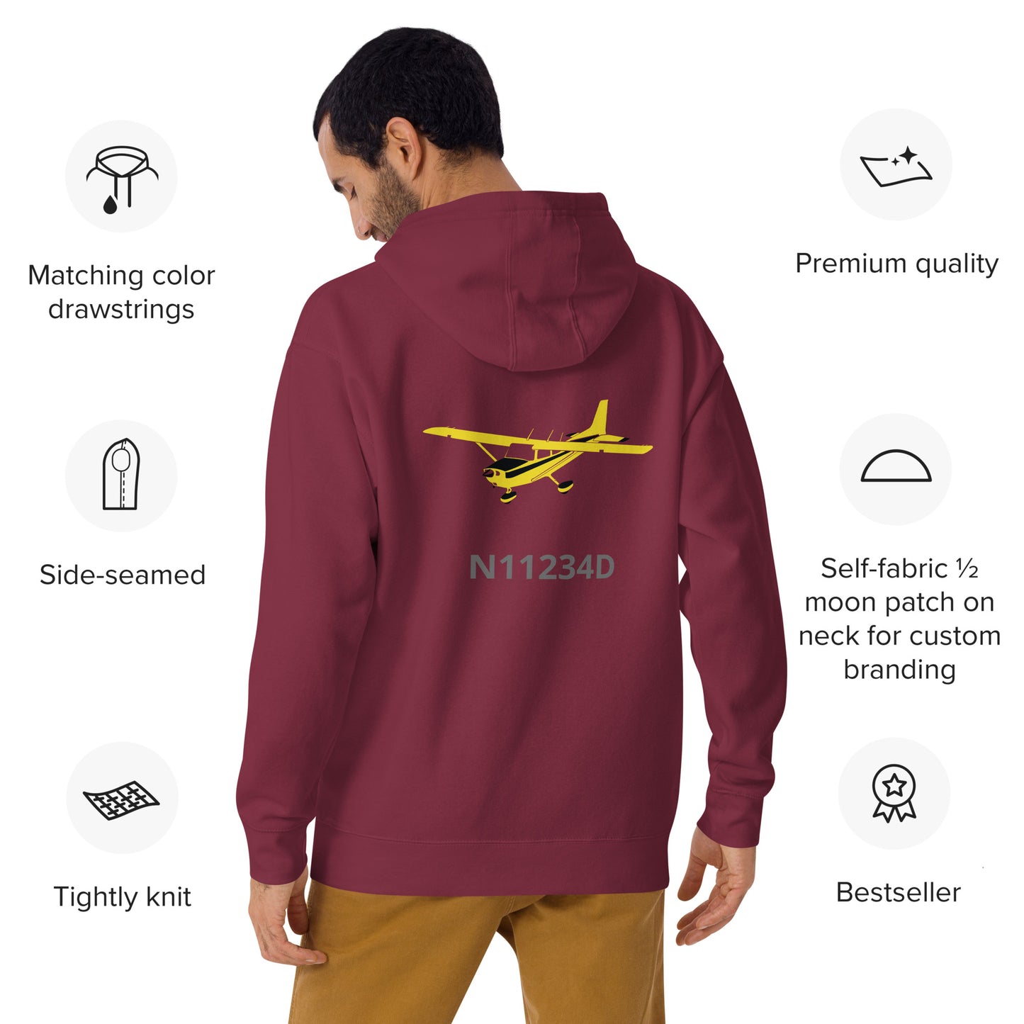 CESSNA 172 retro yellow Back Print with front embroidery CUSTOM N Number Unisex Hoodie