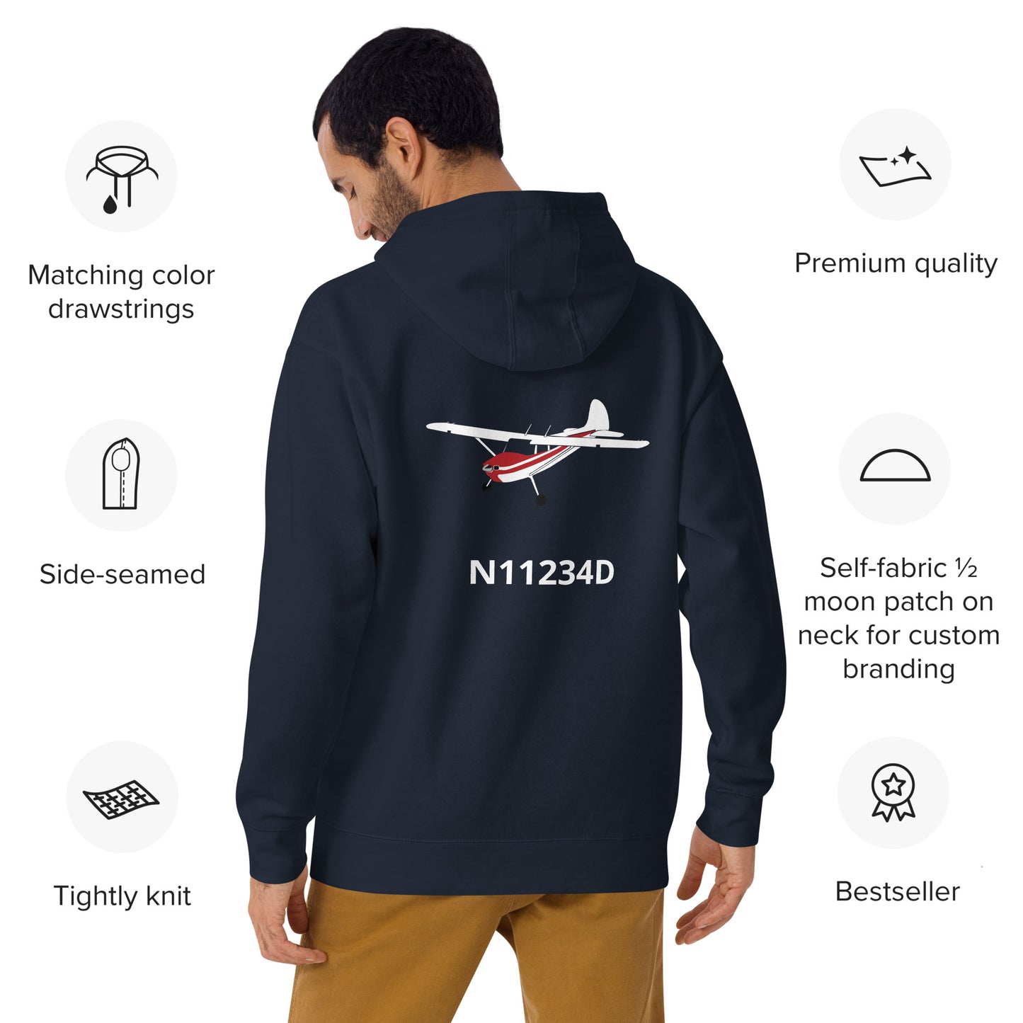 CESSNA 170 white-red Back Print with front embroidery CUSTOM N Number Unisex Hoodie