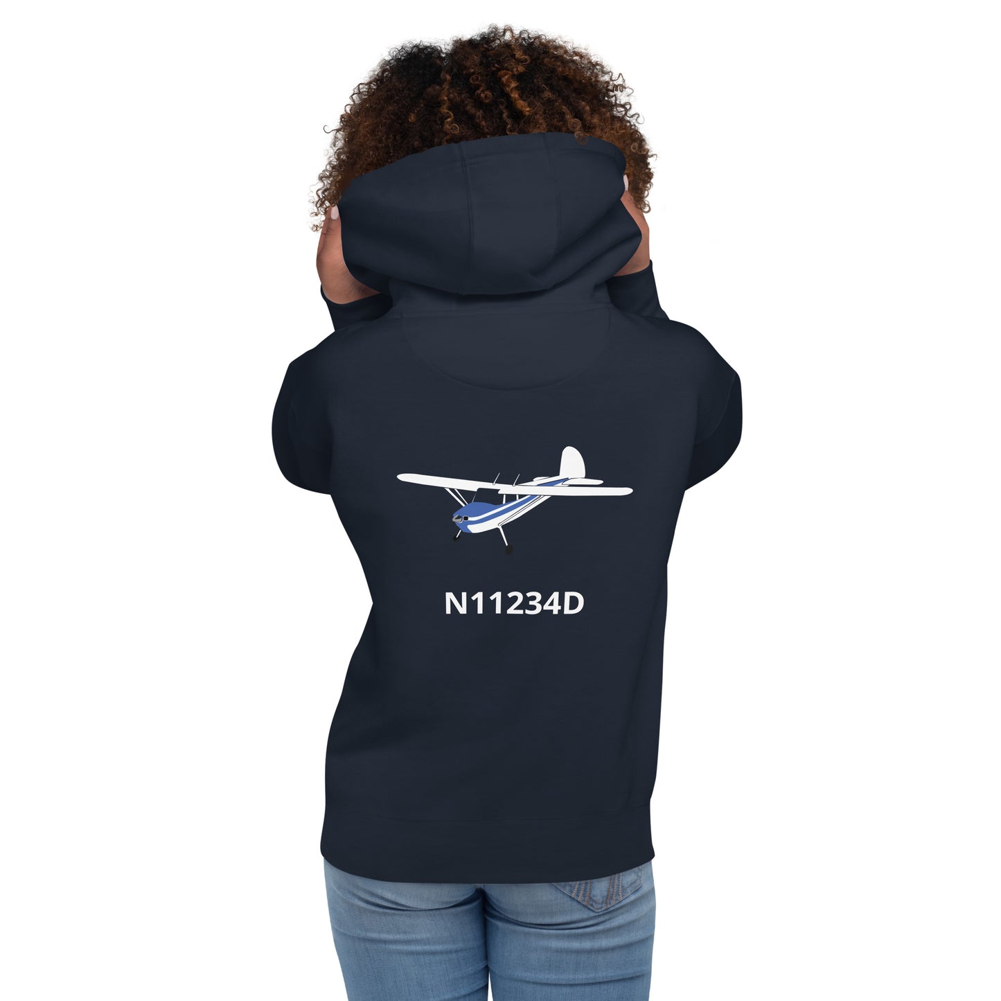 CESSNA 140 White - blue  Back Print with front embroidery CUSTOM N Number Unisex Hoodie