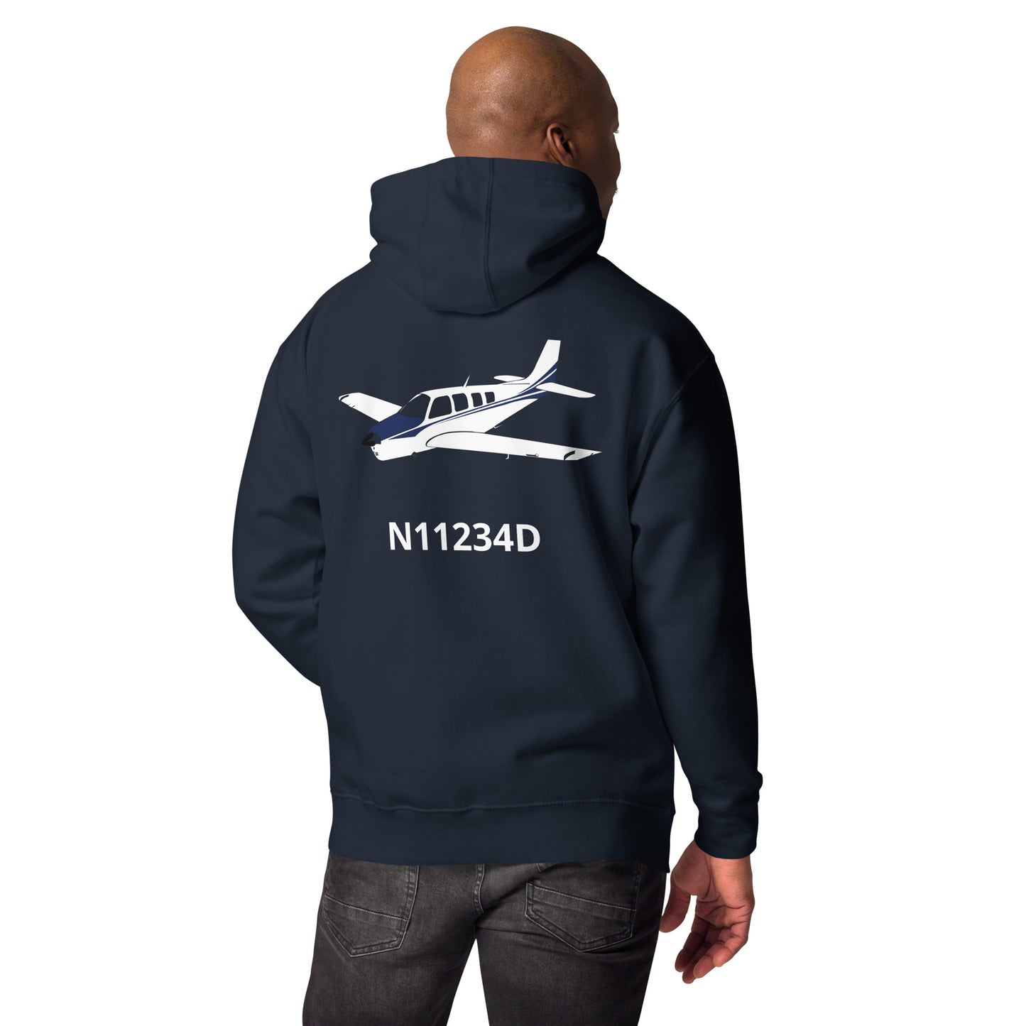 BONANZA A36 White - Blue CUSTOM N NUMBER Printed Cozy Unisex Aviation Hoodie