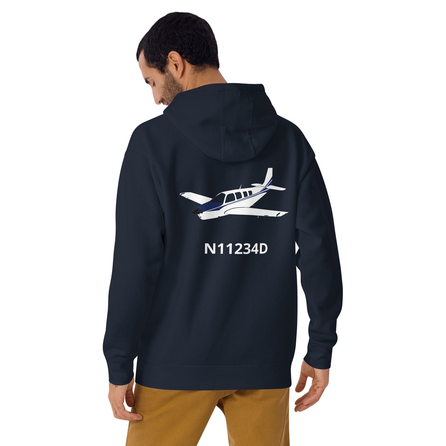 BONANZA A36 White - Blue CUSTOM N NUMBER Printed Cozy Unisex Aviation Hoodie