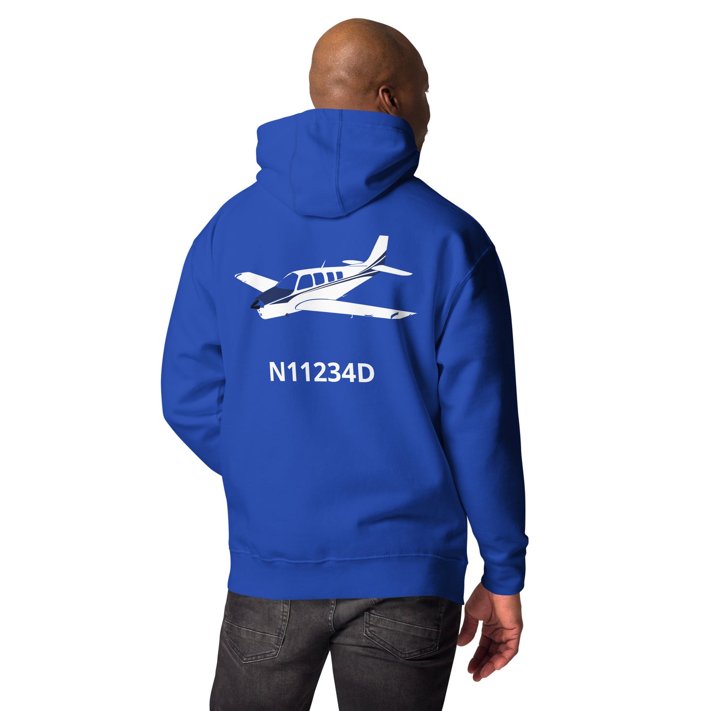 BONANZA A36 White - Blue CUSTOM N NUMBER Printed Cozy Unisex Aviation Hoodie