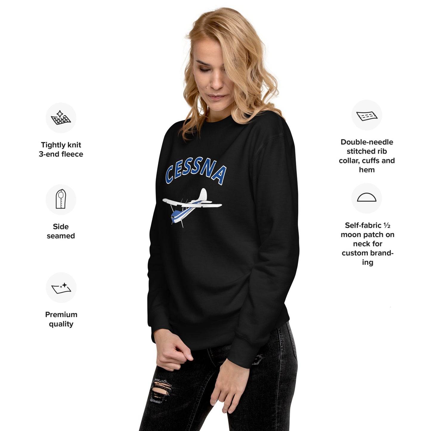 CESSNA 170 white -blue Printed Unisex Cozy Fleece Aviation Premium Sweatshirt