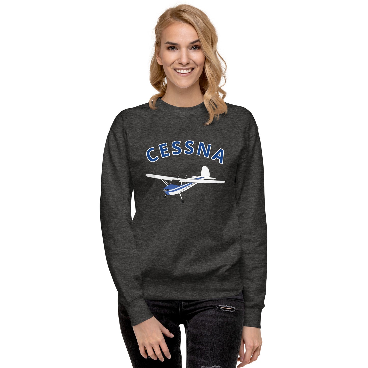 CESSNA 140 White-Blue Printed Unisex Cozy Fleece Aviation Premium Sweatshirt